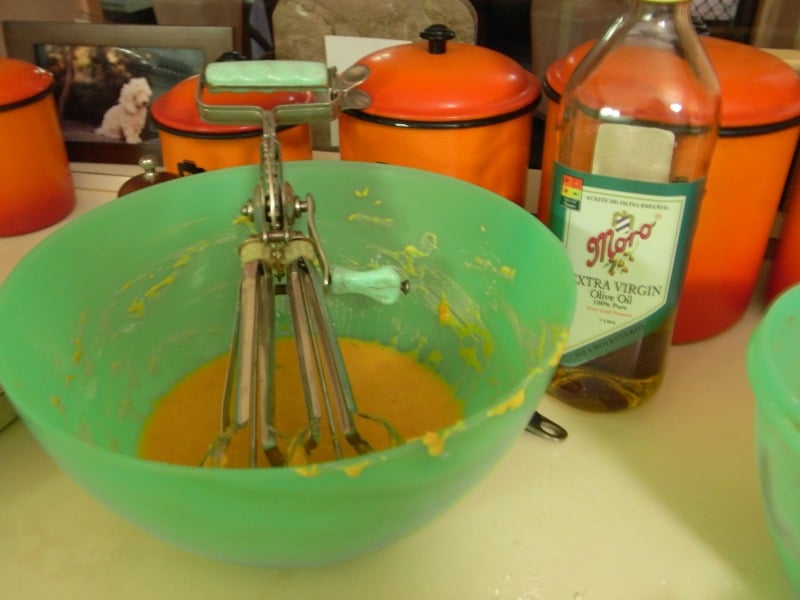 Making pumpkin bread - my green bowl and ancinet egg whisker