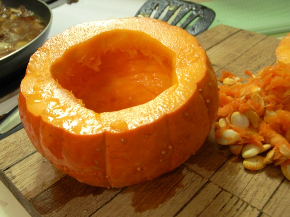 Carved and ready for cooking mini pumpkin 