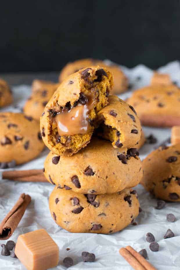 Caramel Stuffed Pumpkin Chocolate Chip Cookies