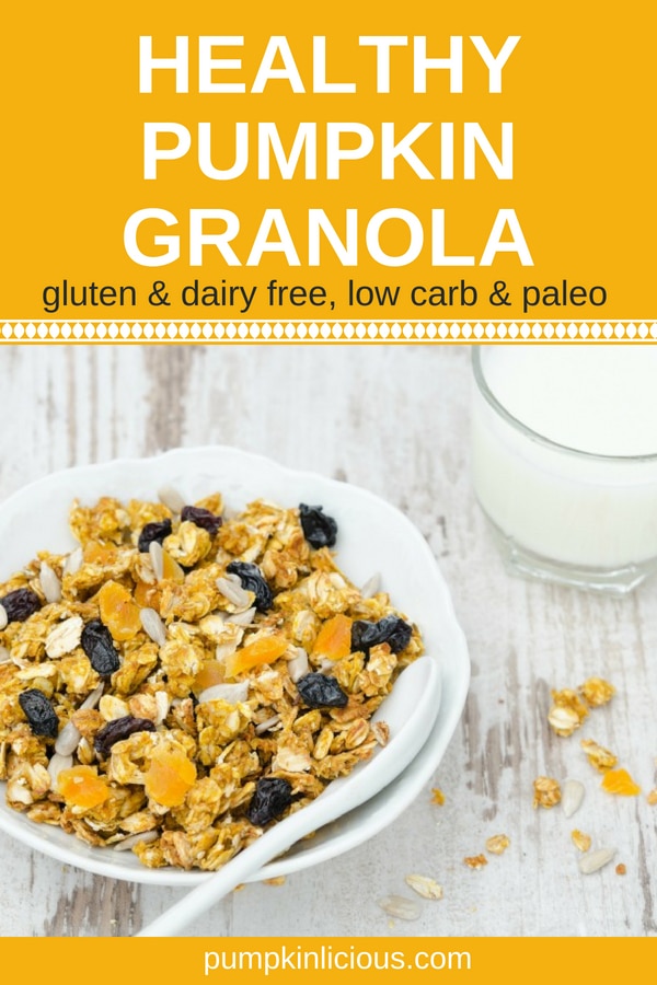 Perfect for a fall breakfast, this homemade healthy pumpkin granola recipe is easy to make and delicious. Sugar free and vegan, it's full of healthy goodies like coconut oil, walnuts, sliced almonds, pumpkin seeds and more. #pumpkinrecipes #pumpkingranola #granola #fallrecipes #thanksgiving #paleo #vegan #lowcarb #glutenfree #dairyfree