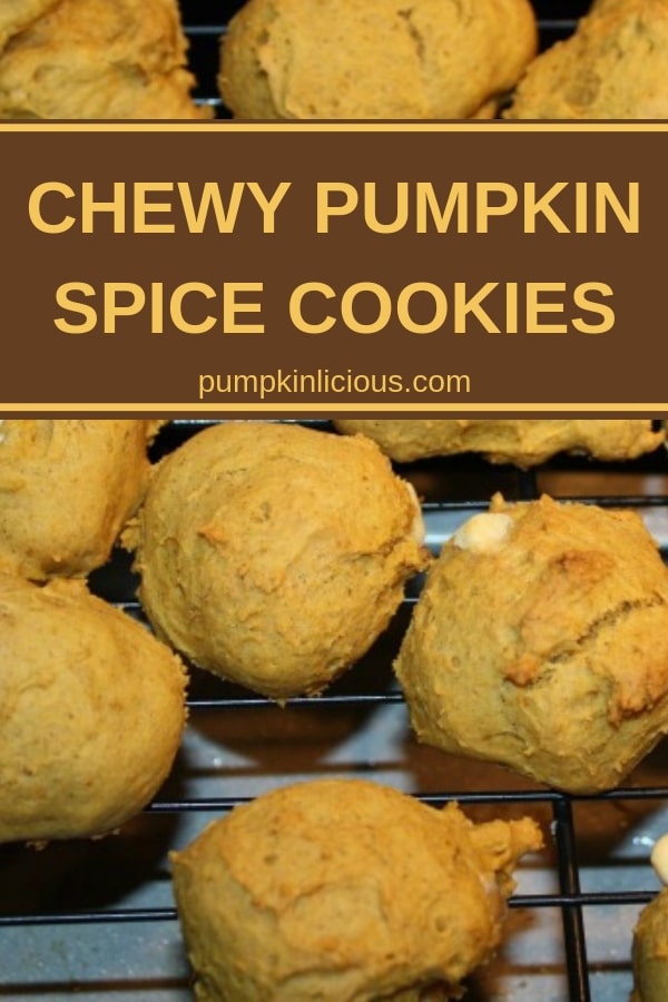 You must try this chewy pumpkin spice cookies recipe: it's easy to make and goes perfect with your morning coffee. I added white chocolate chips to this batch for some added sweetness. #cookies #pumpkincookies #pumpkinspice #chewycookies #dessert #coffeecookies 