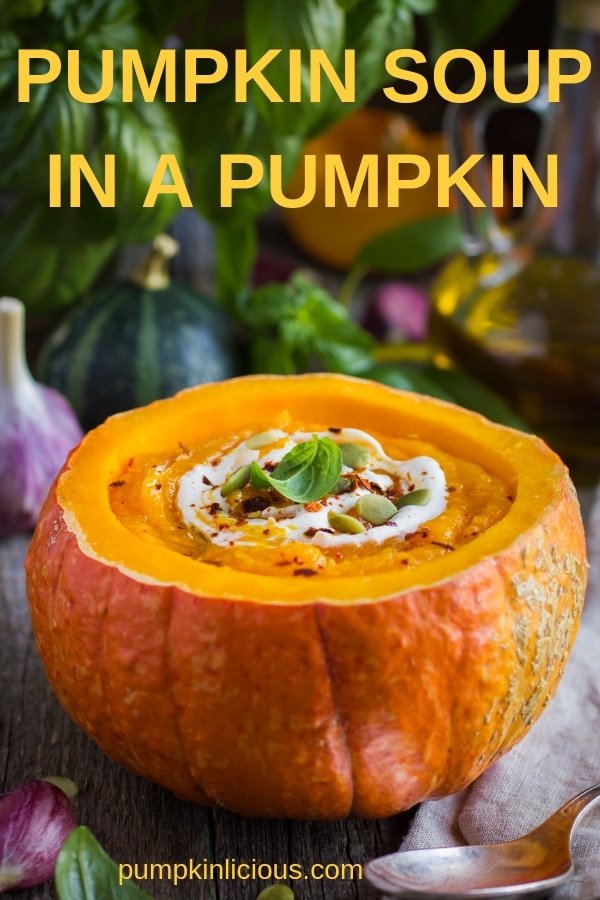 Have you ever had a soup cooked in a pumpkin? It's a fun way t serve fall soups. This recipe is made with roasted pumpkin, roasted garlic and fresh sage. It's a delicious way to serve dinner in a more festive way. #pumpkinsoup #pumpkinrecipes #fallsoups #fallrecipes #pumpkinlicious #thanksgiving #thanksgivingdinner